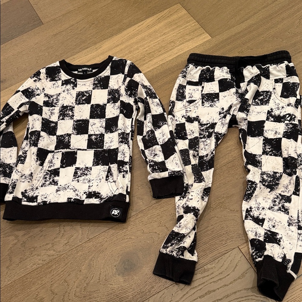 Kids Black & White Distressed Checkerboard Pajama Set
